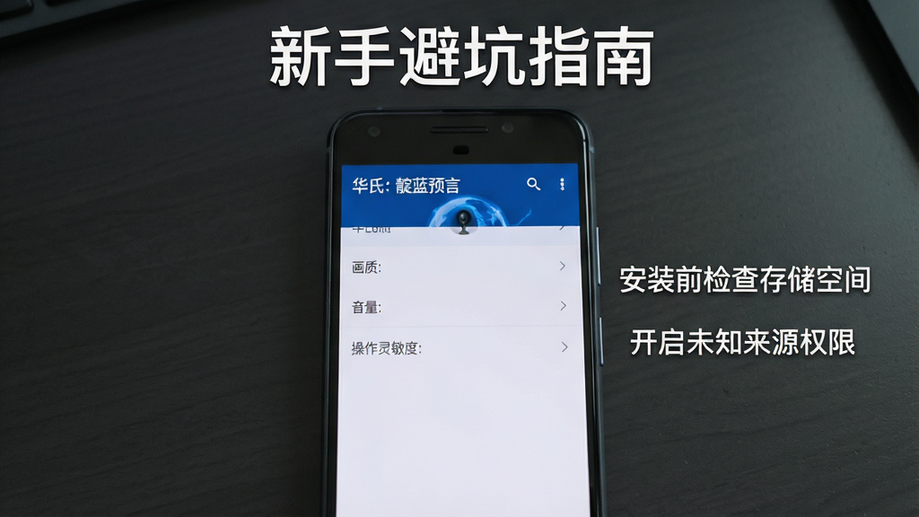画面展示一部安卓手机特写,屏幕上显示《华氏:靛蓝预言》的设置菜单,包含画质、音量和操作灵敏度选项,手机旁边有提示文字“安装前检查存储空间”和“开启未知来源权限”,背景为深灰色桌面,风格简洁实用,布局以手机为中心,上方有“新手避坑指南”字样,画质清晰,干净,无多余元素