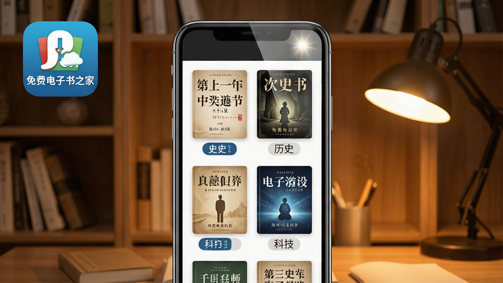 一张展示免费电子书之家手机应用主界面的图片,画面中央是一部智能手机,屏幕显示着整齐排列的电子书封面,包含小说、历史、科技等分类标签,背景是温馨的书房环境,有木质书架和暖色台灯,排版突出应用图标和名称“免费电子书之家”,风格写实且现代,细节包括书籍封面纹理和手机边框反光,画质清晰,干净,无多余元素