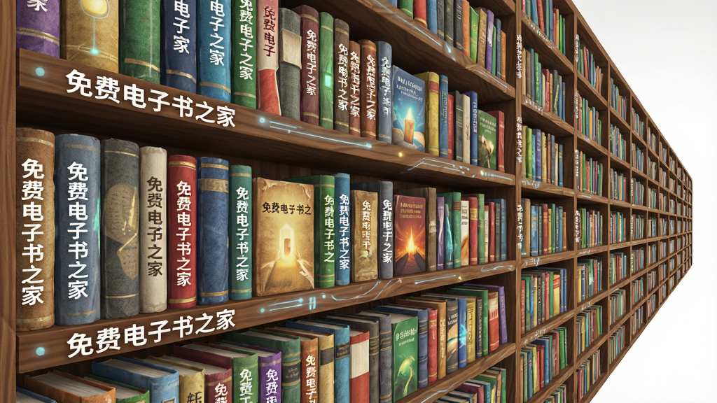 一张展示免费电子书之家海量书库的图片,画面主体是一个虚拟的巨型书架,书架上摆满了各种颜色的书籍,每一本书的封面都清晰可见,书脊上印有“免费电子书之家”字样,布局采用透视效果,从近到远延伸,风格偏向奇幻与科技结合,细节包括书本的厚度和纸张质感,画质高清,干净,无多余元素