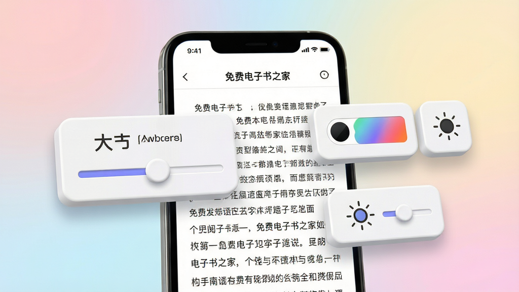 一张展示免费电子书之家个性化阅读设置的图片,画面中手机屏幕显示阅读界面,旁边漂浮着字体大小调节滑块、背景颜色切换按钮和亮度调节图标,背景是柔和的渐变色,风格简洁明快,细节包括按钮的立体感和屏幕上的文字清晰度,画质细腻,干净,无多余元素