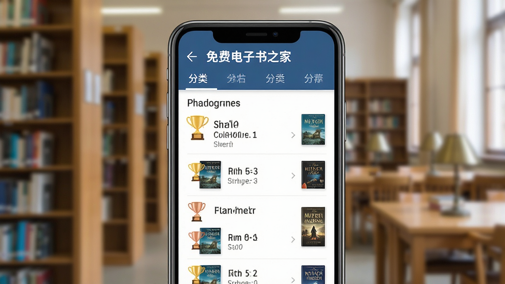 一张展示免费电子书之家分类检索与榜单推荐的图片,画面中手机屏幕显示分类导航栏和排行榜列表,排行榜上有金银铜奖杯图标,背景是图书馆的虚化场景,风格现代且信息清晰,细节包括榜单数字和书籍缩略图,画质清晰,干净,无多余元素