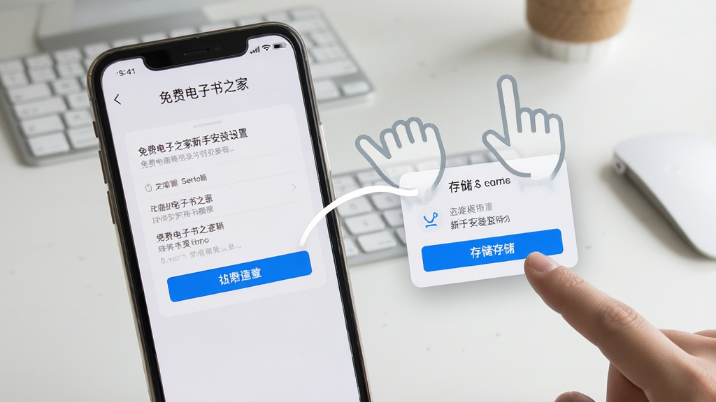 一张展示免费电子书之家新手安装设置的图片,画面中手机屏幕显示权限设置界面和存储选择弹窗,旁边有手指点击的示意,背景是简洁的桌面,风格写实且指导性强,细节包括按钮高亮和文字提示,画质清晰,干净,无多余元素