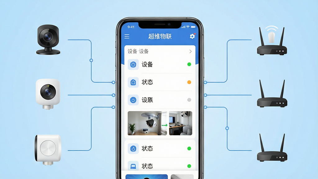 画面中央放置一部智能手机,屏幕显示“超维物联”应用主界面,界面中包含设备列表、摄像头画面缩略图与状态指示灯。手机周围环绕摄像头、智能传感器、无线路由器等设备图标,以简洁线条连接至手机,体现统一管控概念。背景为浅蓝色渐变科技风格,布局居中对称,排版干净有序。细节上突出设备图标与手机屏幕内容的对应关系,整体画质清晰锐利,无多余装饰元素。
