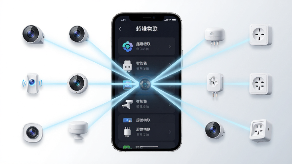 一部手机屏幕显示“超维物联”设备列表界面,画面中分布着摄像头、传感器、智能插座等多种设备图标,所有图标通过淡蓝色光线汇聚到手机屏幕中央。背景为纯白到浅灰渐变,风格简洁现代,排版采用左右对称结构,细节上设备图标带有轻微立体感,画质干净清晰,无杂乱元素。
