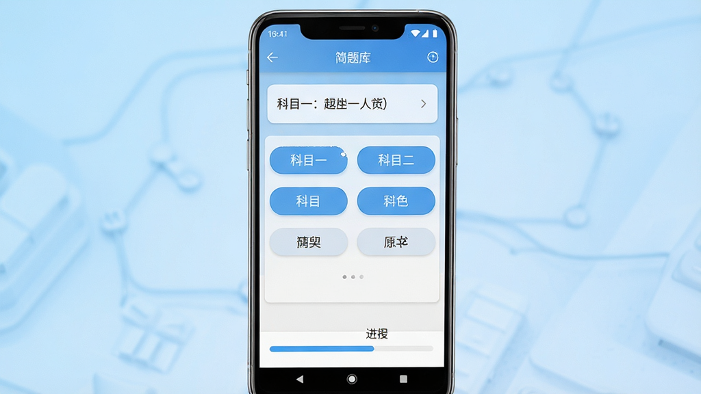 一张展示手机屏幕中驾考精简题库软件界面的图片,主体为一部竖屏安卓手机,屏幕内显示题库练习页面,上方有科目一选择题和四个选项按钮,下方有进度条,布局居中,背景为浅蓝色渐变,风格为简洁科技感,细节包括手机边缘高光、按钮圆角、文字清晰,画质高清,干净,无多余元素