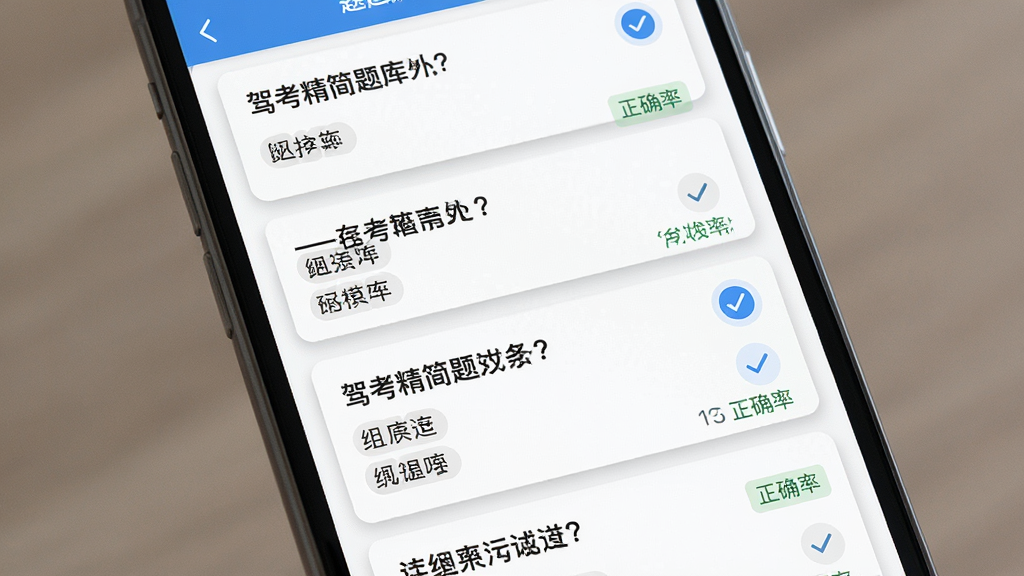 一幅展示驾考精简题库应用内题目列表的图片,主体为手机屏幕,屏幕中显示多道选择题卡片,每张卡片上有题目文字和选项,布局为纵向滚动列表,风格为清爽学习风,细节包括卡片阴影、勾选图标、正确率标签,画质清晰,干净,无多余元素