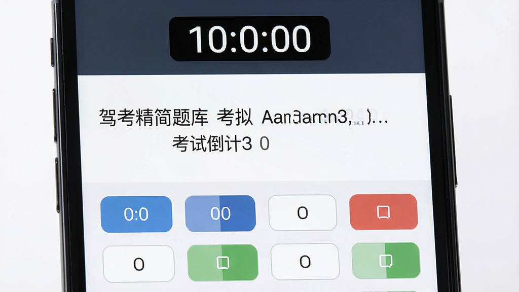 一幅展示驾考精简题库模拟考试界面的图片,主体为手机屏幕,屏幕中显示考试倒计时、题目和答题卡,布局为上方计时器、中间题目、下方答题卡网格,风格为严肃考试风,细节包括时间数字、选项按钮、答题卡颜色区分,画质清晰,干净,无多余元素