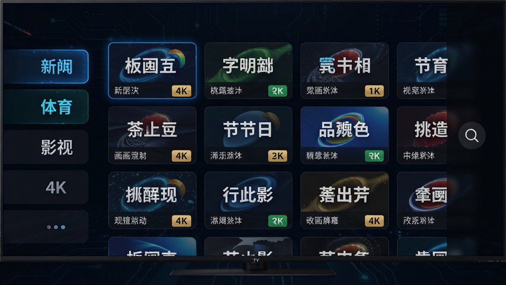 华人TV频道列表页面展示,画面主体为电视屏幕上滚动的频道卡片墙,每个卡片显示频道名称、当前节目名称和画质标签,屏幕左侧有新闻、体育、影视等分类标签栏,右侧有搜索图标,整体布局清晰有序,采用深色主题背景搭配亮色文字,科技感十足,4K高清画质,画面干净整洁