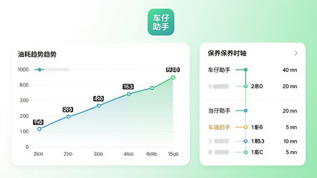 画面左侧展示一张油耗趋势折线图,右侧为保养时间轴列表,顶部放置“车仔助手”应用图标,背景为白色与浅绿色渐变,图表线条清晰,数据点标注明确,整体风格清新简约,画质干净,适合功能展示