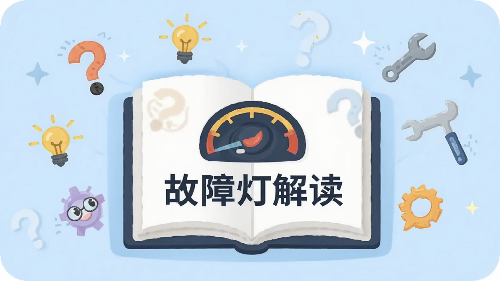 画面中央为一本展开的电子书,书页上显示汽车仪表盘图标和“故障灯解读”字样,书本周围漂浮着问号、灯泡、扳手等小图标,背景为淡蓝色,整体风格 educational 且友好,画质干净,无多余元素