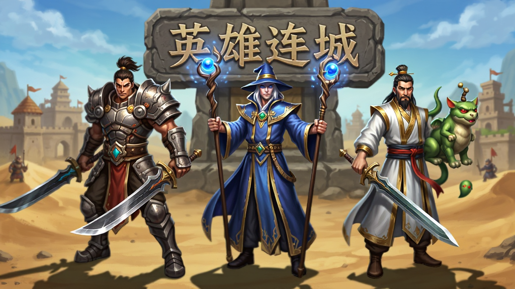 传奇游戏三职业角色并排站立展示图,左侧战士手持双刀身穿重甲,中间法师手持法杖身披长袍,右侧道士手持道剑携带神兽,三人背后是