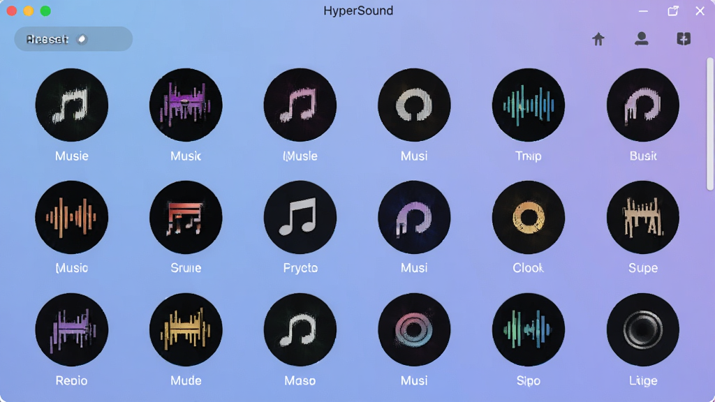 HyperSound软件界面截图,展示预设音效选择页面,屏幕上排列着多个圆形图标,分别标注不同音乐风格,背景是柔和的蓝紫色调,画面简洁明快,画质清晰,干净,无多余元素