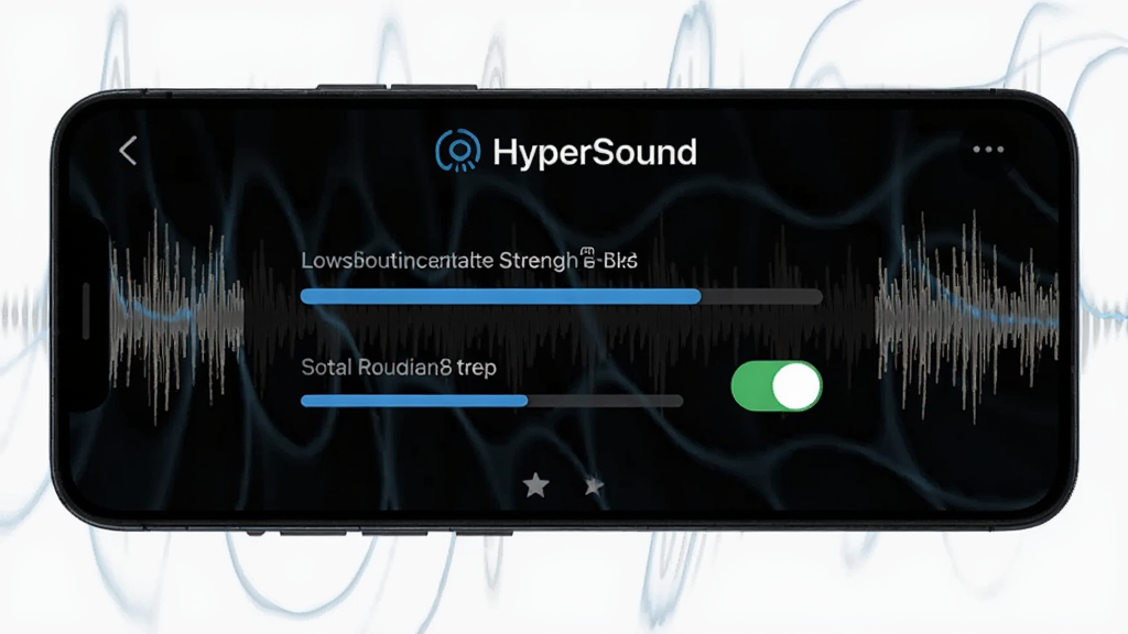 一部手机横向放置,屏幕显示HyperSound的低音增强调节面板,界面中有低音强度和环绕声开关,背景是暗色系的声波纹理,画面具有动感,画质清晰,干净,无多余元素