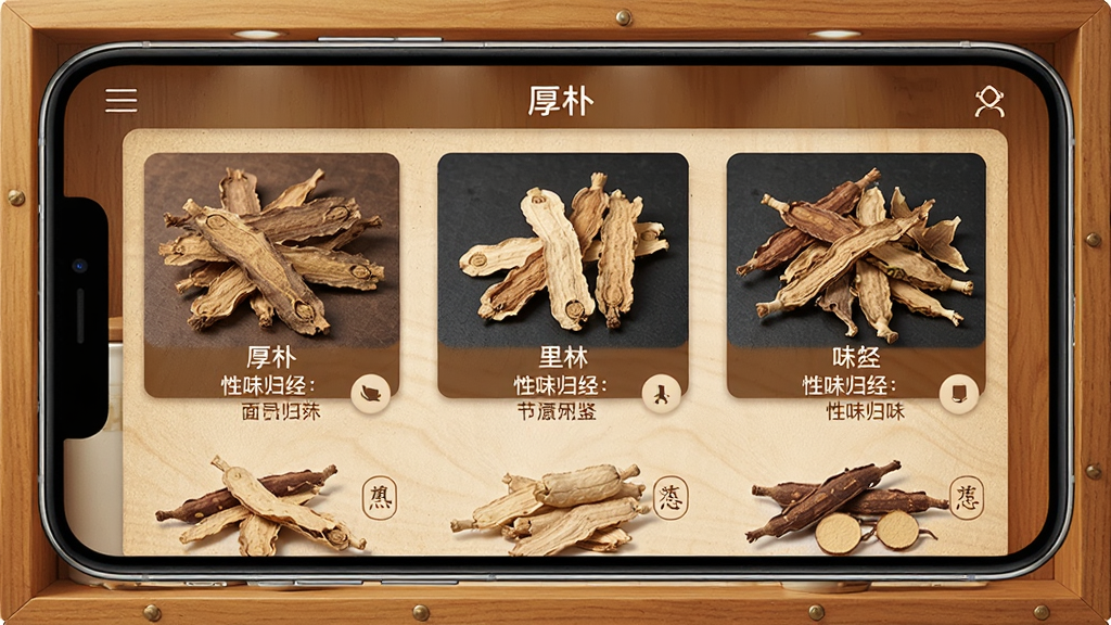手机屏幕展示中药材图鉴界面,应用名称为