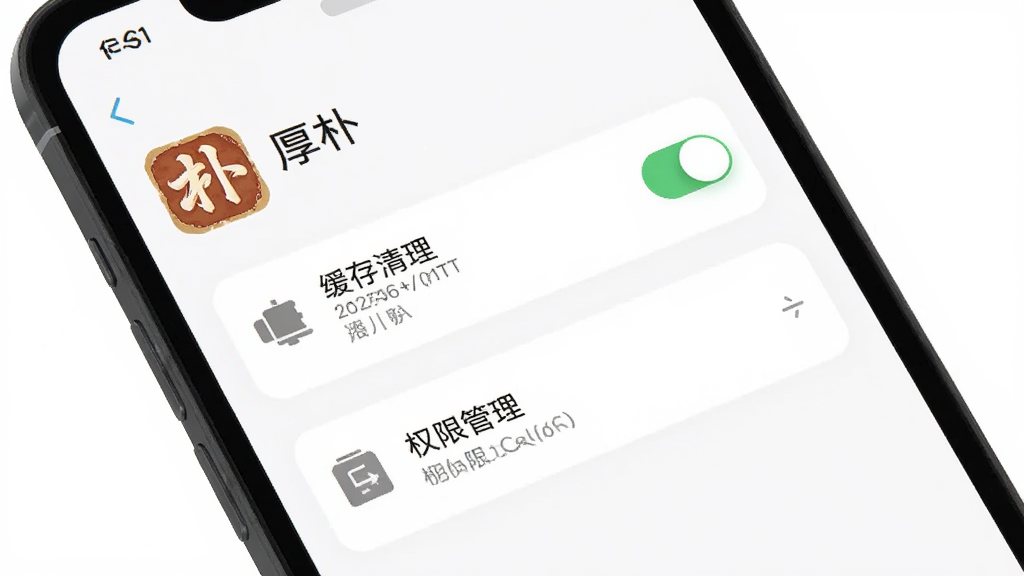 手机展示厚朴应用设置界面,屏幕中显示缓存清理和权限管理选项,应用名称为