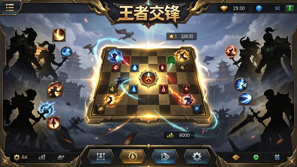 主体为王者交锋游戏主界面全景,布局采用中心对称构图,中央悬浮发光对战棋盘与两侧阵营英雄剪影,排版上顶部为游戏Logo