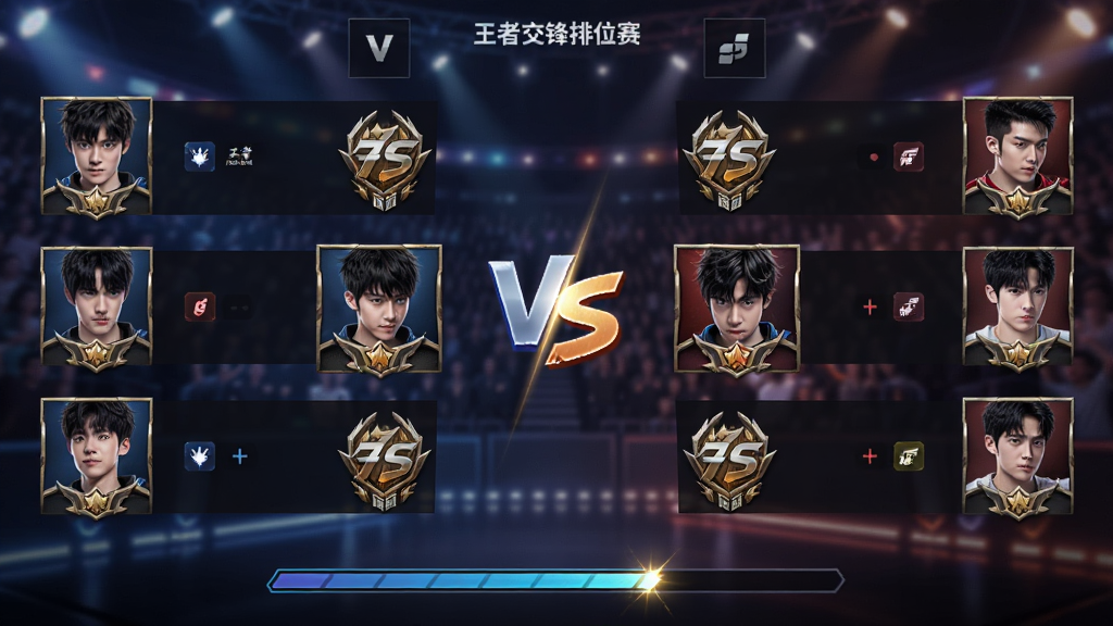 主体为王者交锋排位赛匹配成功界面,布局以对阵列形式呈现双方玩家头像与段位徽章,排版上中央为VS字样,两侧为队伍阵容,风格为电竞舞台灯光效果,细节包括段位图标金属质感、加载进度条动态光效、背景观众席虚化,画质为高清、干净、无多余元素