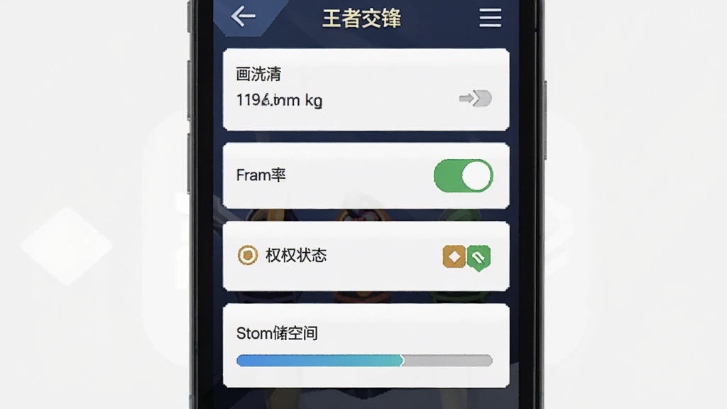 主体为王者交锋游戏设置界面手机截图风格,布局采用竖屏列表形式,排版上各设置项清晰排列,风格为简洁扁平化UI,细节包括画质选项、帧率开关、权限状态图标、存储空间进度条,画质为高清、干净、无多余元素
