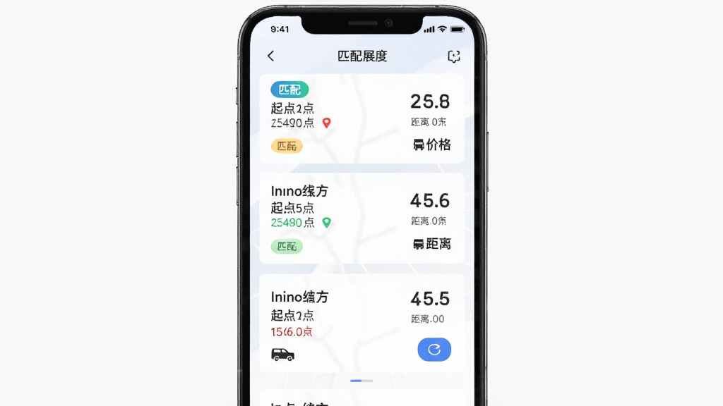 豪翔箱拉拉司机端智能货源匹配功能展示图,主体为手机屏幕中呈现多个货源卡片按匹配度排序,布局为纵向列表,排版左侧显示起点终点、右侧显示价格与距离,风格为简洁商务风,细节包含高亮匹配标签、车型图标、刷新按钮,画质清晰,画面干净,无多余元素