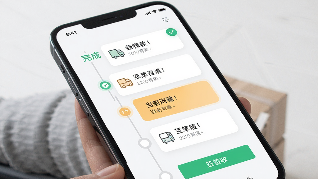 豪翔箱拉拉司机端运单状态管理页面,主体为手机屏幕显示订单进度时间轴,布局为纵向时间线,排版每个节点配有图标与文字说明,风格为清爽浅色卡片式设计,细节包含已完成打勾标记、当前节点高亮、签收按钮,画质高清,画面干净,无多余元素