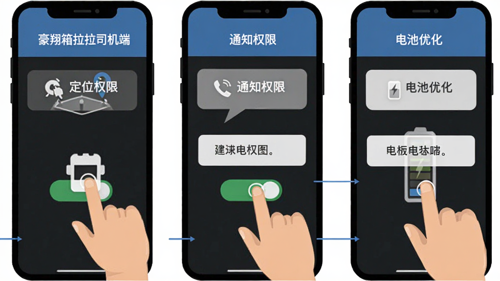 豪翔箱拉拉司机端新手安装设置引导图,主体为手机屏幕显示权限开启步骤,布局为三格分步示意,排版从左到右依次为定位权限、通知权限、电池优化,风格为扁平化教程插画,细节包含手指点击图标、开关按钮、文字说明框,画质清晰,画面干净,无多余元素