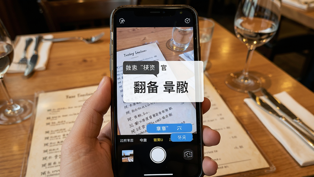 章鱼翻译官拍照翻译功能展示,画面中手机摄像头对准一份英文菜单,屏幕上叠加翻译后的中文文字框,背景为餐厅桌面场景,布局采用实景与界面叠加排版,风格写实,细节包含取词框与翻译按钮,画质高清,画面干净,无多余元素