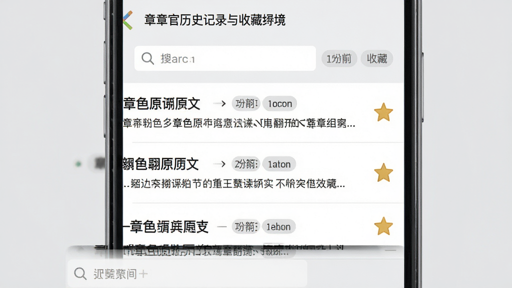 章鱼翻译官历史记录与收藏界面,画面中央为手机屏幕展示翻译历史列表,每条记录包含原文与译文对照,右侧有星标收藏图标,背景为浅灰色,布局采用列表式排版,风格简洁商务,细节包含搜索框与时间标签,画质清晰,画面干净,无多余元素