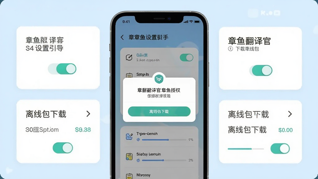 章鱼翻译官新手设置引导界面,画面中央为手机屏幕展示权限授权弹窗与离线包下载列表,背景为淡蓝色,布局采用卡片式排版,风格清新简约,细节包含开关按钮与下载进度条,画质清晰,画面干净,无多余元素
