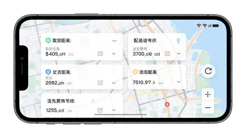 众包骑手同城急送订单大厅界面,手机屏幕显示多个订单卡片,包含取货距离、送货距离、配送费用等信息,背景为城市地图,风格简洁明快,布局清晰,细节包括订单列表、刷新按钮、筛选选项,画质高清,干净,无多余元素