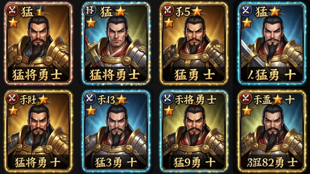 手机游戏武将收集界面截图,画面中展示多位三国武将卡牌,卡牌上有