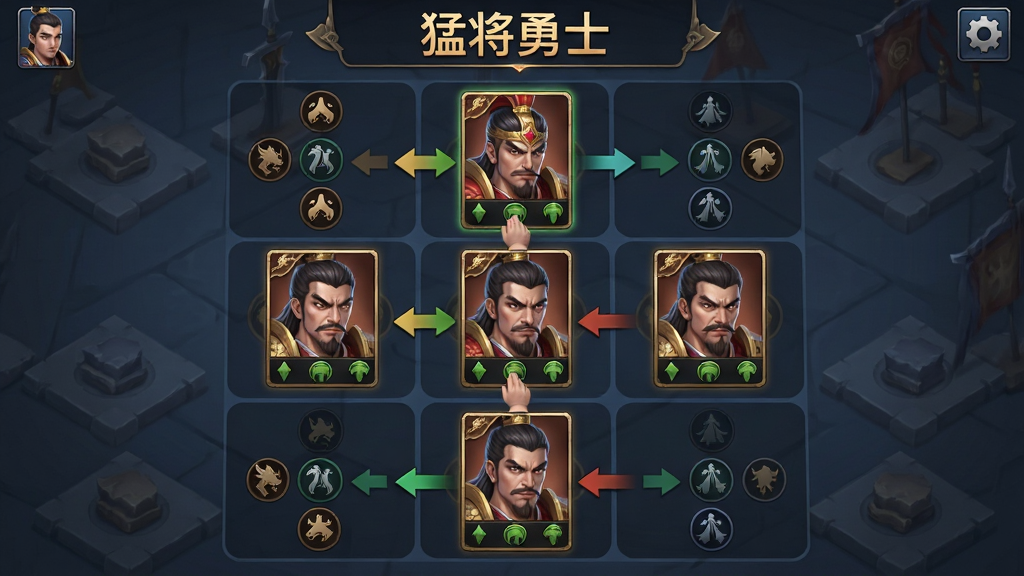 手机游戏战斗布阵界面,画面中显示九宫格站位,玩家正在拖动武将卡牌到不同位置,屏幕上方有