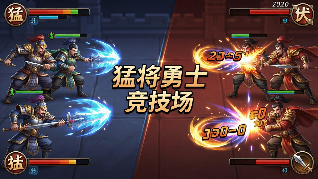 手机游戏竞技场对战界面,画面中两支武将队伍正在交战,技能特效华丽,屏幕中央有
