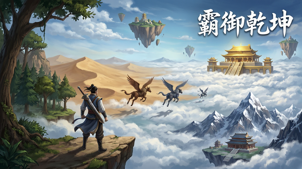 一幅展现霸御乾坤游戏世界的全景插画,画面从近到远依次呈现森林、荒漠、雪山与天空浮岛四种地貌,近景有一位背剑的修行者站在山崖边远眺,中景有飞行坐骑掠过云层,远景是悬浮于云海之上的金色宫殿,画面右上角用白色字体书写“霸御乾坤”,整体风格为国风玄幻写实,光影层次分明,画质细腻,干净无多余元素。