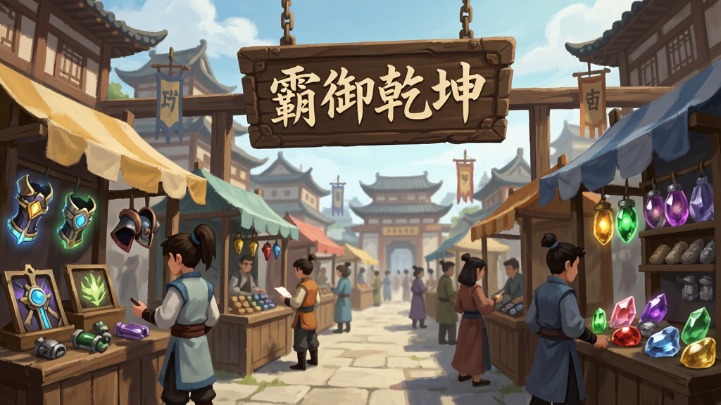 一幅展示霸御乾坤交易市场的插画,画面中是一个热闹的集市场景,多个摊位前摆放着发光的装备与材料,有玩家角色正在查看商品,背景是古色古香的建筑群,画面中央悬挂着一块写有“霸御乾坤”的木质招牌,整体风格为国风市集写实,氛围热闹,画质清晰,干净无多余元素。
