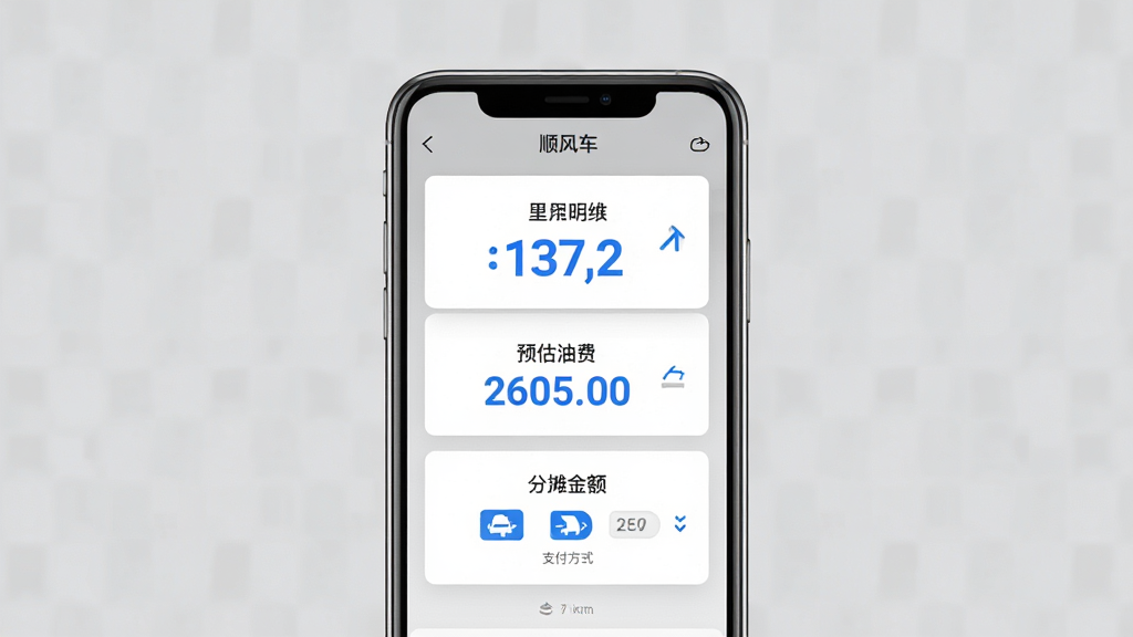 一张展示顺风车驾驶出行帮手费用预估与分摊功能的界面图,画面主体是手机屏幕,屏幕内显示费用明细卡片,包含里程数、预估油费、分摊金额、支付方式图标,布局为居中卡片式,排版简洁,风格为商务简约风,细节包括灰色背景、白色卡片、蓝色数字高亮,画质高清,干净,无多余元素。
