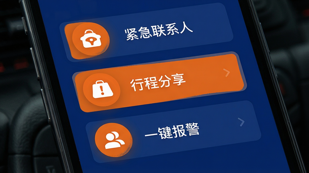 一张展示顺风车驾驶出行帮手安全中心功能的界面图,画面为手机屏幕,屏幕内显示安全中心页面,包含紧急联系人、行程分享、一键报警三个大按钮,布局为纵向排列,排版醒目,风格为安全守护主题,细节包括深蓝色背景、橙色警示按钮、白色图标,画质高清,干净,无多余元素。