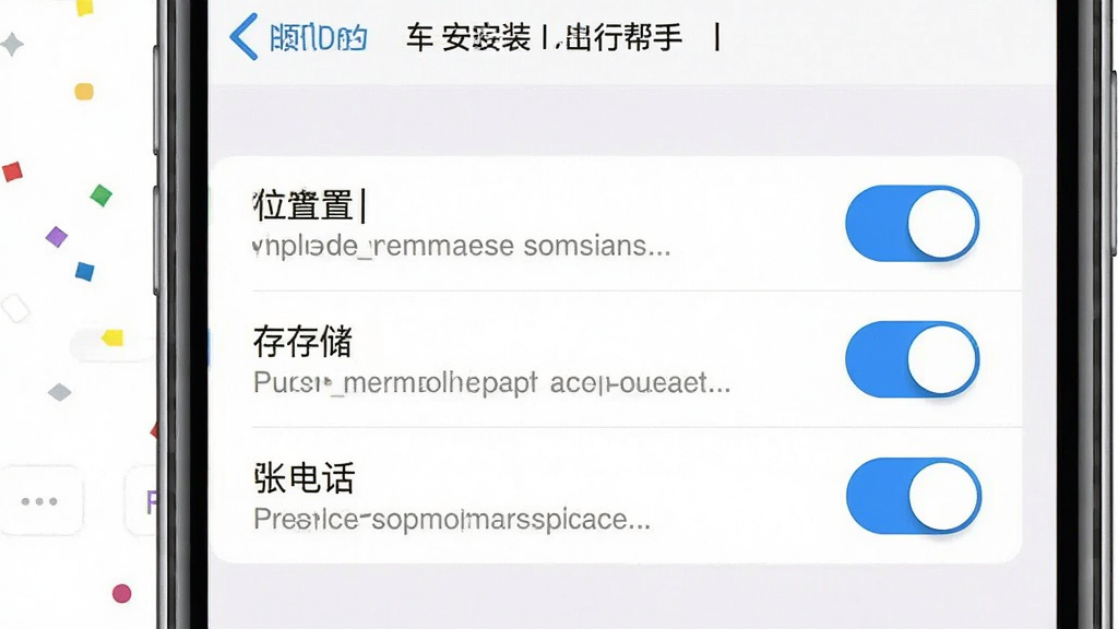 一张展示顺风车驾驶出行帮手在手机上安装权限设置界面的示意图,画面主体是手机屏幕,屏幕内显示应用权限管理页面,包含位置、存储、电话三个权限开关,布局为列表式,排版清晰,风格为系统设置界面风格,细节包括白色背景、蓝色开关按钮、灰色说明文字,画质高清,干净,无多余元素。