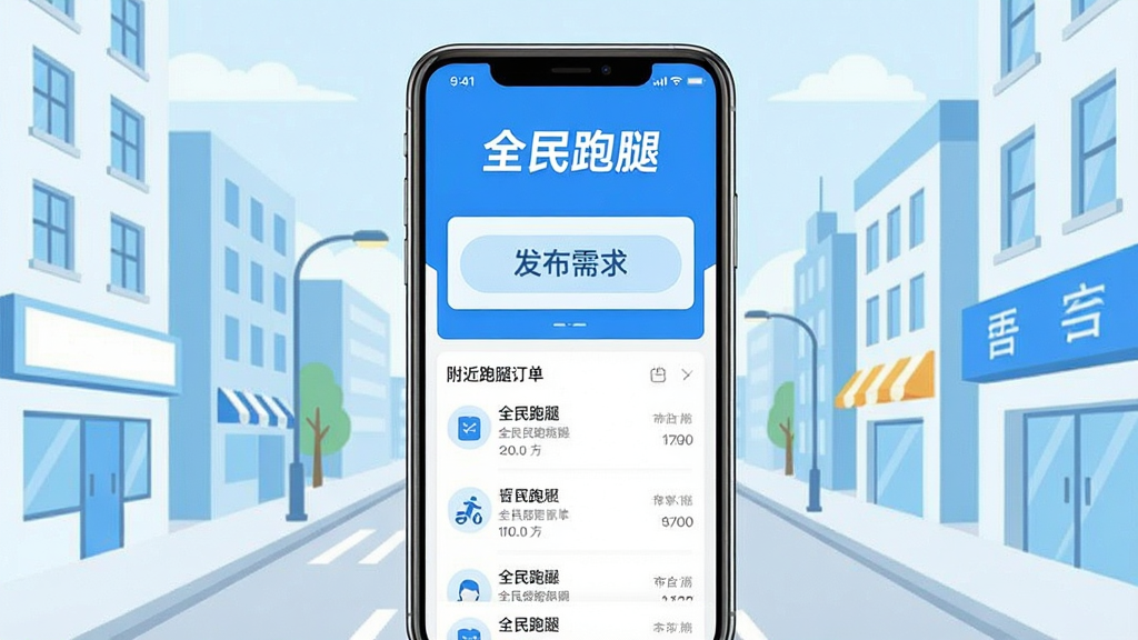 一张展示全民跑腿软件主界面的手机应用截图,画面中央是手机屏幕,屏幕内显示全民跑腿APP的首页布局,顶部有醒目的“全民跑腿”文字标志,中间是发布需求的大按钮,下方是附近跑腿订单列表,背景是简洁的城市街道插画风格,整体色调明亮清新,蓝色和白色为主色调,画质清晰,干净,无多余元素