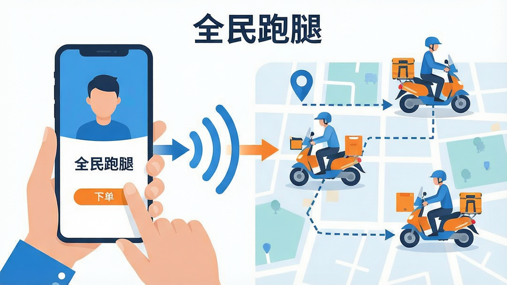 一幅展示全民跑腿智能派单系统工作原理的示意图,画面左侧是一个用户正在手机上下单,右侧是三位跑腿骑手分布在地图不同位置,中间有箭头和信号波纹连接,地图上有定位图标和路线虚线,整体采用扁平化科技风格,蓝色和橙色为主色调,画面中标注“全民跑腿”文字,画质清晰,干净,无多余元素