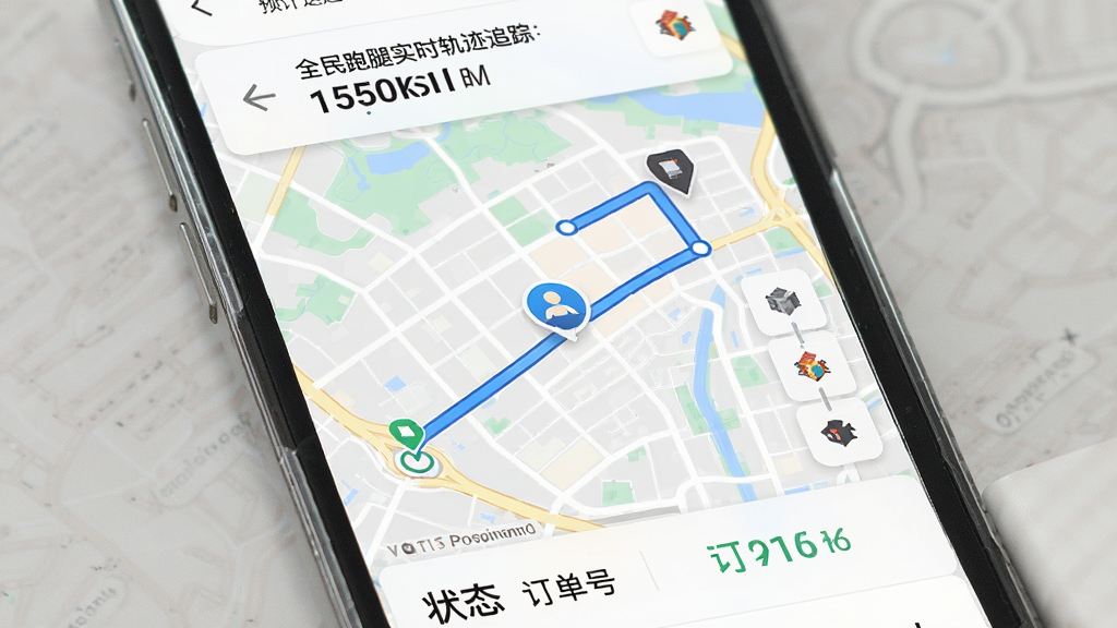 一张展示全民跑腿实时轨迹追踪功能的手机界面截图,画面中手机屏幕显示一张城市地图,地图上有一条从起点到终点的蓝色路线,一个代表跑腿人员的小图标正沿着路线移动,屏幕上方显示预计送达时间,下方显示订单编号和状态,整体界面设计简洁现代,地图色彩柔和,画质清晰,干净,无多余元素