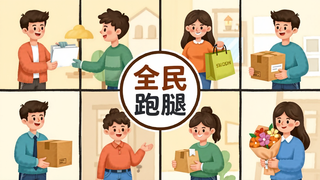 一幅展示全民跑腿多种服务场景的插画,画面被分割成多个小格子,每个格子里展示一种跑腿服务,比如有人送文件、有人提购物袋、有人拿快递、有人捧花束,所有人物都面带微笑,画面中央有“全民跑腿”的圆形标志,整体风格温馨活泼,色彩丰富明快,画质清晰,干净,无多余元素