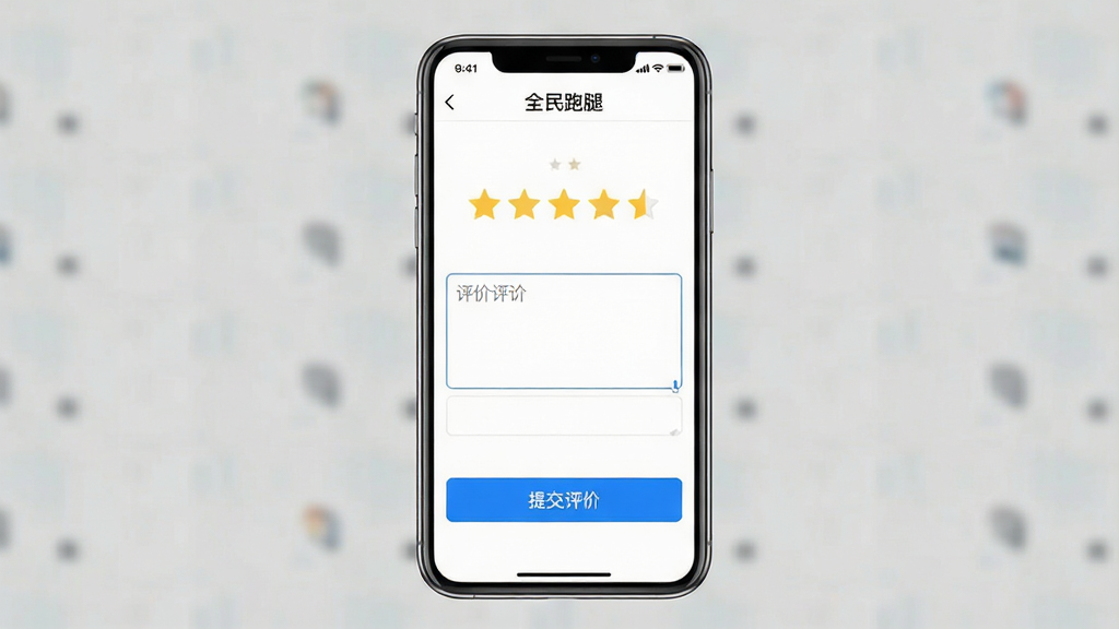 一张展示全民跑腿双向评价界面的手机截图,画面中手机屏幕显示一个订单完成后的评价页面,上方有五颗星星打分区域,中间有输入文字评价的文本框,下方有“提交评价”按钮,页面顶部有“全民跑腿”文字标识,整体UI设计干净利落,蓝色按钮,白色背景,画质清晰,干净,无多余元素