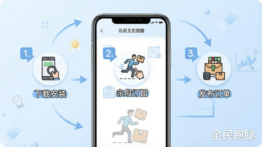 一张展示全民跑腿新手操作流程的示意图,画面以手机屏幕为主体,屏幕上用数字标注了从下载安装到发布订单的五个步骤,每个步骤配有小图标说明,背景是淡蓝色渐变,右下角有“全民跑腿”文字水印,整体风格简洁教学风,画质清晰,干净,无多余元素