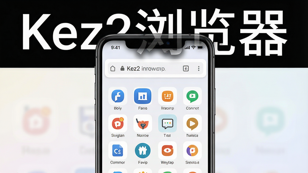 一幅展示Kez2浏览器移动端主界面的产品预览图,画面中央是一部智能手机,屏幕内呈现Kez2浏览器的首页布局,地址栏位于顶部,下方是常用网站快捷图标网格,背景为干净的浅色渐变,整体风格简约现代,排版居中对称,细节清晰,画质干净明亮,无多余元素,图片中文字标注