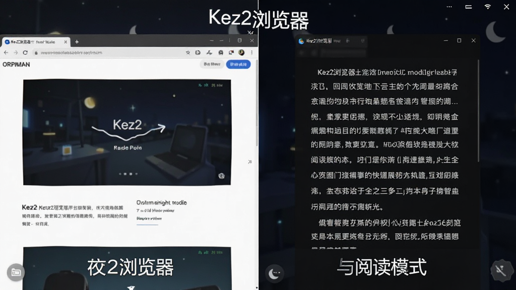 一幅表现Kez2浏览器夜间模式与阅读模式效果的对比图,画面左侧为普通网页界面,右侧为阅读模式下的纯净文字排版,背景为深色夜间色调,布局左右分栏对比,风格简洁直观,细节上文字清晰可辨,画质干净无噪点,图片中文字标注