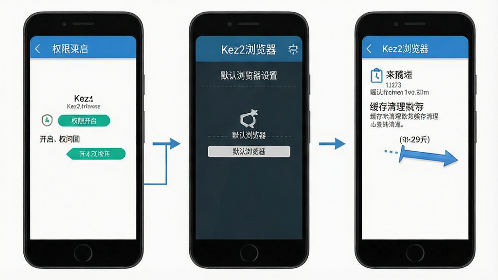 一幅展示Kez2浏览器在手机端安装设置流程的步骤图,画面以手机屏幕为载体,分步骤展示权限开启、默认浏览器设置、缓存清理等操作界面,布局为纵向流程图,风格为扁平化移动端UI示意图,细节上图标和文字标注清晰,画质干净整洁,无多余元素,图片中文字标注
