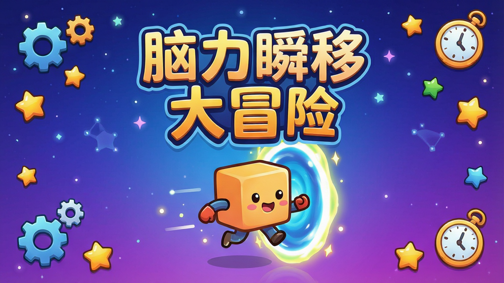 一张卡通风格的游戏主界面截图,画面中央是脑力瞬移大冒险的游戏标题,背景为蓝紫色渐变星空,前景有一个可爱的方块小人正在穿越发光传送门,画面四周散落着齿轮、星星和时钟图标,整体风格明亮活泼,排版居中对齐,细节丰富,画质清晰,干净无多余元素