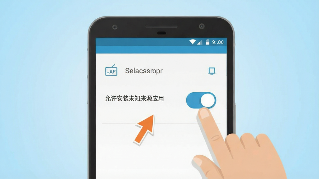一张展示手机游戏安装设置的界面示意图,画面中有一部安卓手机,屏幕上显示“允许安装未知来源应用”的开关按钮,旁边有手指点击的指示箭头,背景为浅蓝色渐变,风格为扁平化教程插图,排版简洁明了,细节清晰,画质干净,无多余元素
