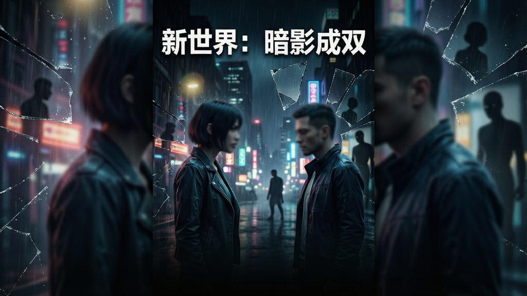 一张展示《新世界:暗影成双》核心全貌的竖版宣传图,画面主体为两位面容模糊的男女主角站在雨夜都市的霓虹灯下,背景有破碎镜面与暗影交织的视觉效果,画面中央叠加白色粗体文字“新世界:暗影成双”,整体布局上方为标题、中部为人物对峙构图、下方为暗色渐变过渡,风格偏向悬疑电影海报质感,细节涵盖雨滴、光斑、镜面反射与暗角,画质高清干净,无多余元素