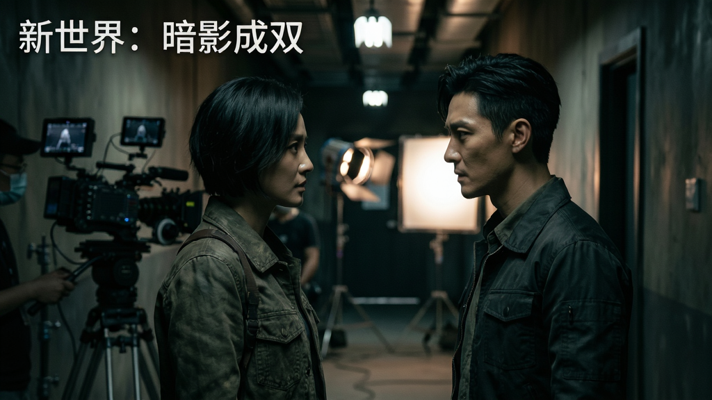 真人实拍互动叙事场景,画面中央是《新世界:暗影成双》中两位主角在昏暗走廊中对视,背景有虚化的摄像机与灯光设备,画面左上角放置白色文字“新世界:暗影成双”,布局采用电影宽幅比例,风格为写实电影感,细节包括人物表情、服装纹理与环境光影,画质清晰干净,无多余元素